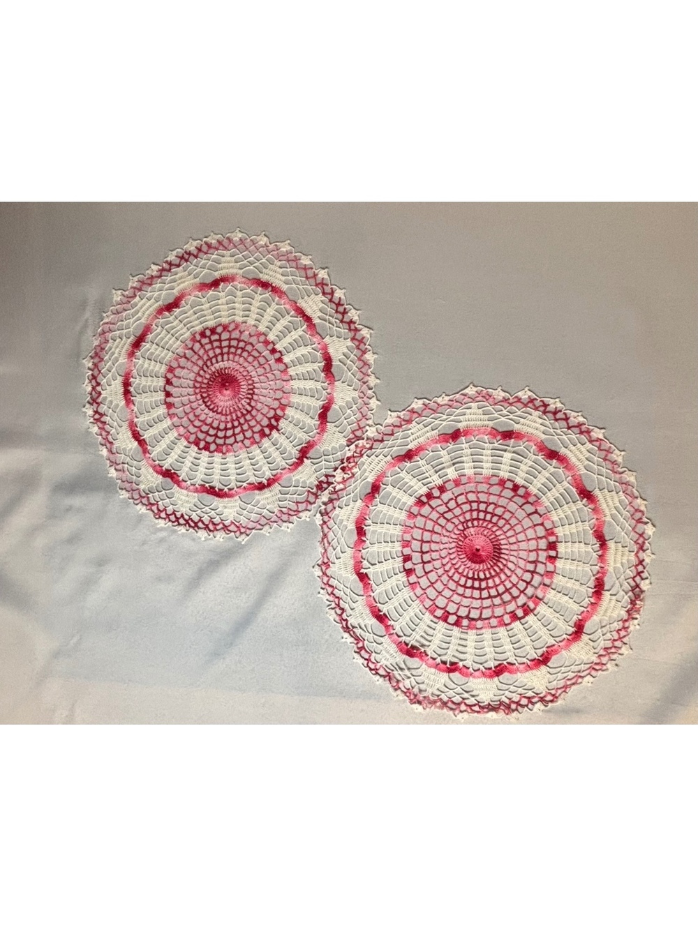 Set of 2 Vintage Crocheted Doilies, 12" Pink Variegated Round Cottagecore Lace